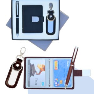 3-in-1 Gift Combo – Card Holder, Key Ring & Metal Pen (Black _ Brown)