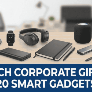 A curated collection of tech corporate gifts including a wireless charger, Bluetooth speaker, and smart water bottle with company branding.